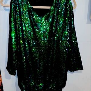 Sequin Green and Black Women's Cold Shoulder Top